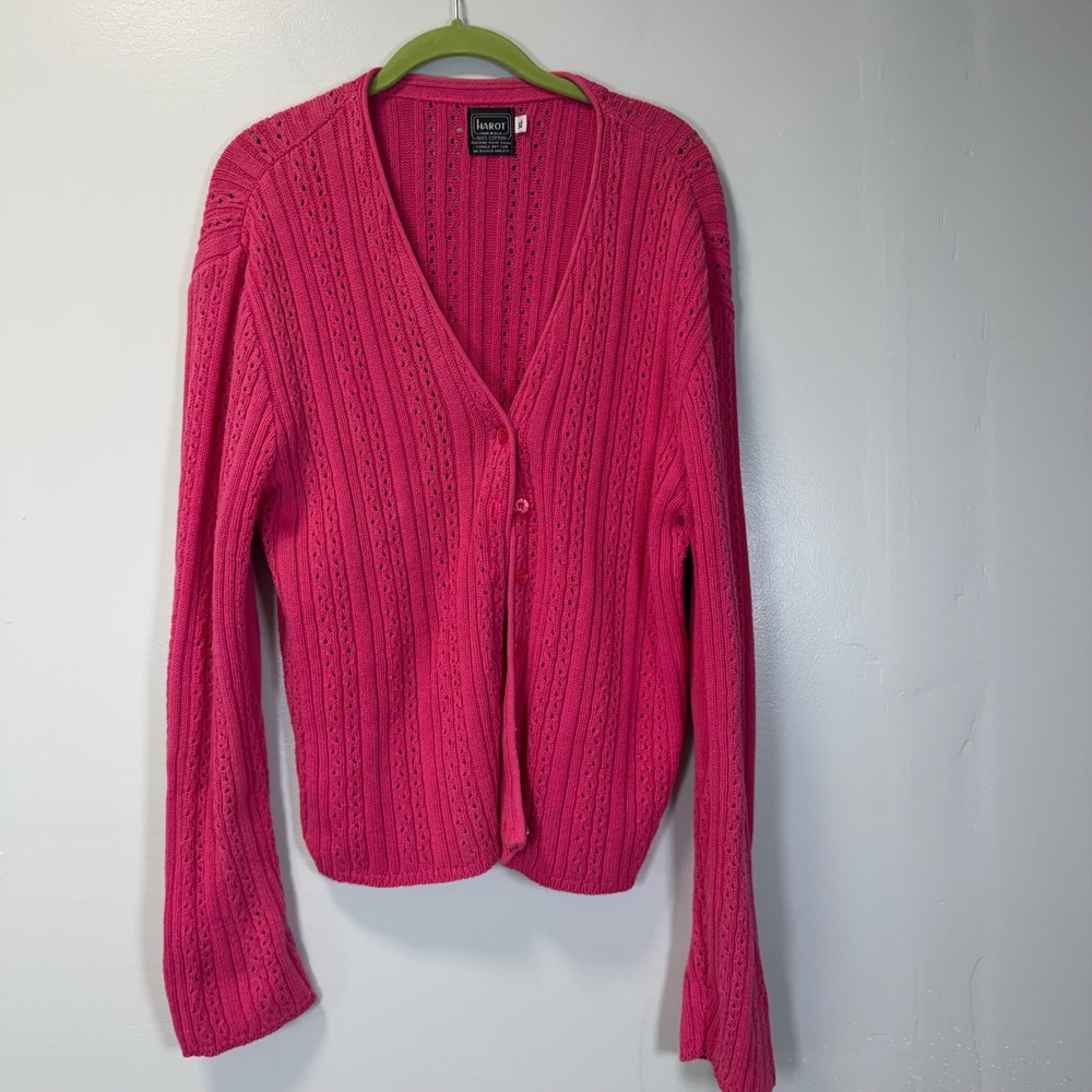 Harot Vintage Pink Pointelle Knit Cardigan‎ 100% Cotton V-Neck Made in USA XL